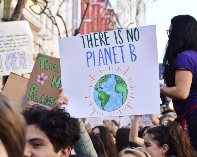 A climate activist holding up a sign with the words "There is no planet B", and a drawing of Earth.