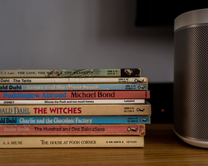 A stack of Roald Dahl books lying down on a shelf.