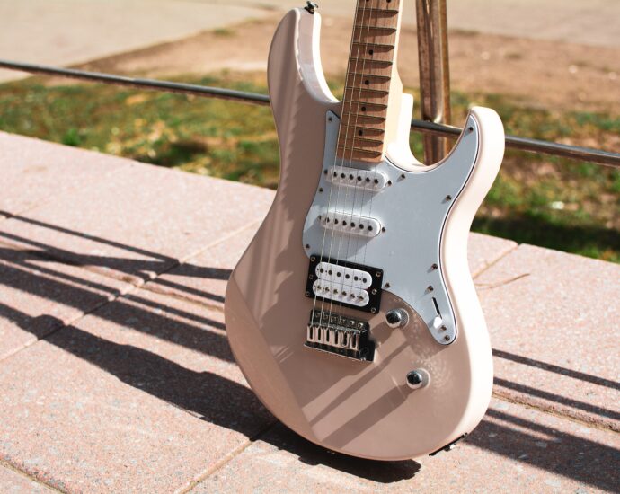 Photo of a pink electric guitar at golden hour