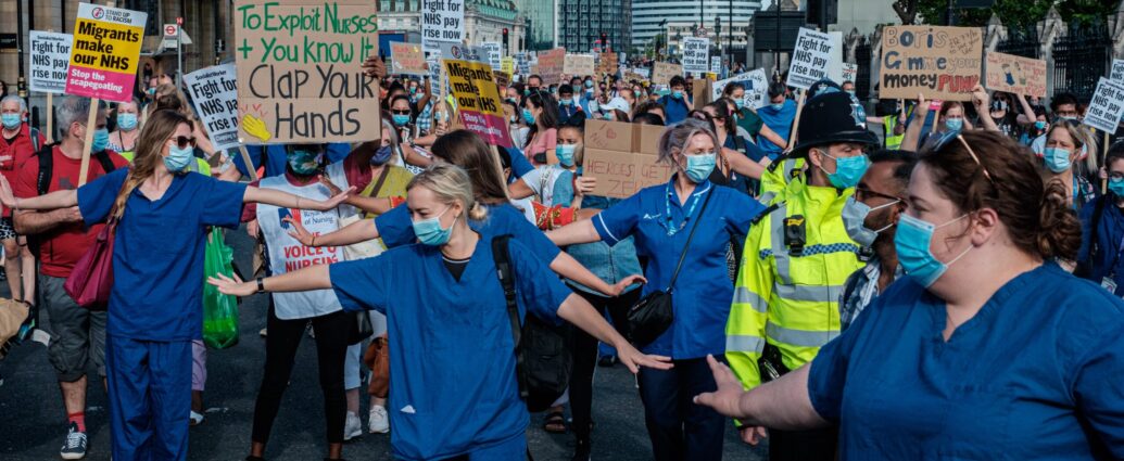 NHS staff protesting.