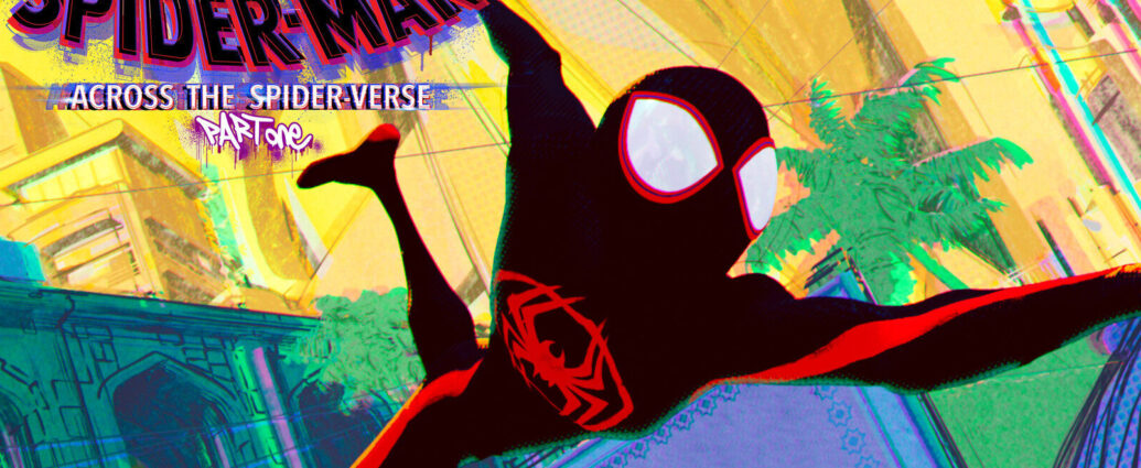 Miles Morales (Spider-Man) leaping across the Spider-Verse against a colourful city background