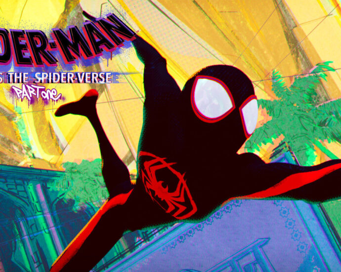 Miles Morales (Spider-Man) leaping across the Spider-Verse against a colourful city background