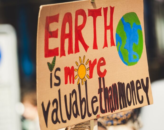 protest sign encouraging people to have a climate-conscious summer. it reads: "earth is more valuable than money".