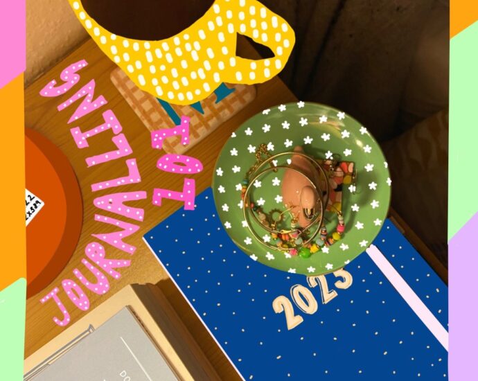 Image shows a colourful collage of a journal and a mug of tea.
