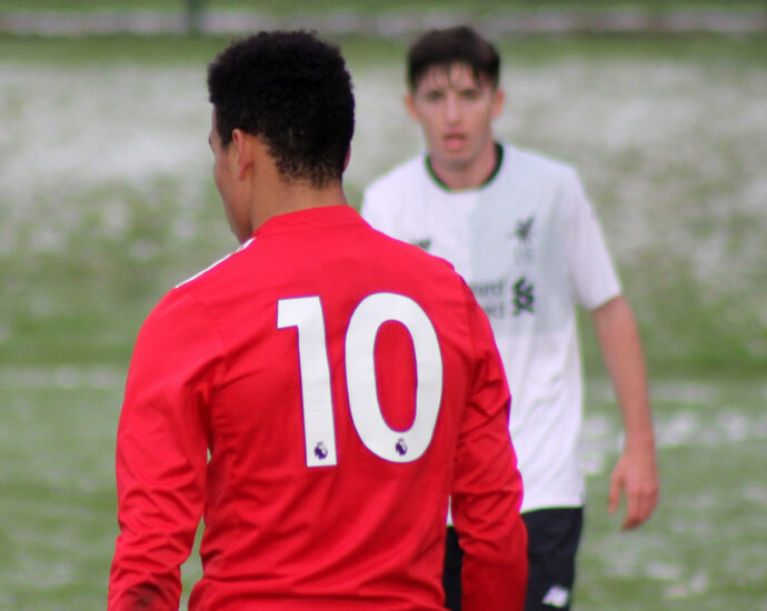 Mason Greenwood of Manchester United during the U18 Premier League match at The Cliff, Salford, England in 2017.