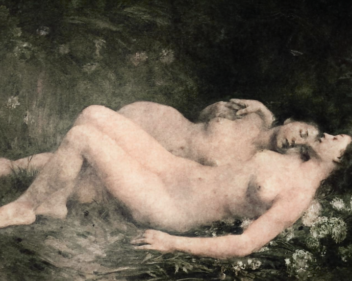 Sommeil (1895) (colorized) by Georges Callot (1857-1903). Painting depicting two nude women embracing.