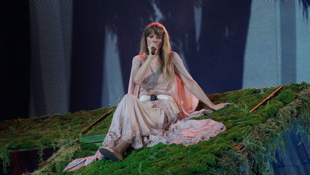 Taylor Swift performing the Folklore set of the Eras Tour in Arlington, Texas, April 2, 2023.