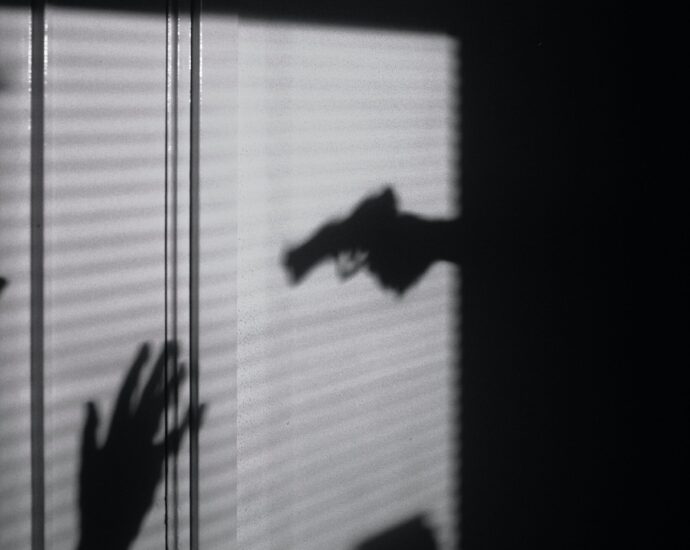 Image shows a shadow silhouette of an arm holding a gun.