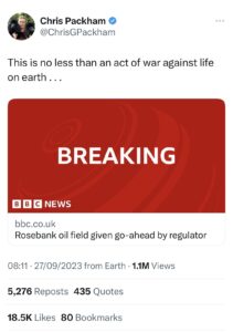 A now-deleted tweet by Chris Packham condemning the approval of Rosebank Oil Field