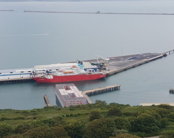 Image of the Bibby Stockholm Barge in Portland Port, Dorset to house asylum seekers