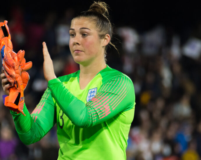 Mary Earps on the pitch during England vs. Australia, 2018.