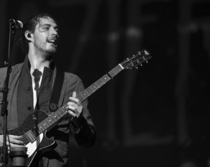 Black and white image of Hozier performing live.
