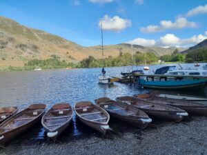 A body of water lined with rowing boats.