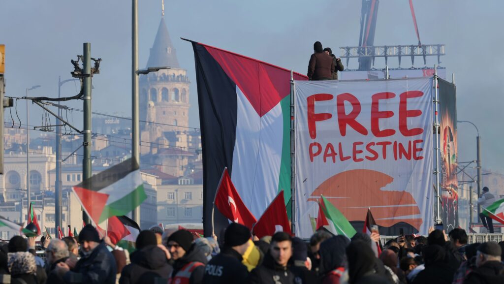 Photograph of a protest with a large Palestinian flag and free Palestine sign beside it