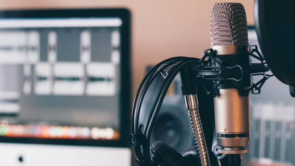 A microphone in a recording studio.
