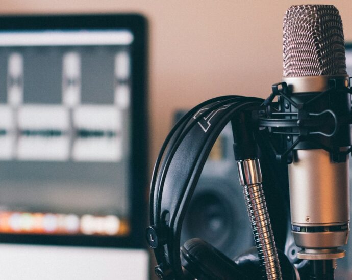 A microphone in a recording studio.